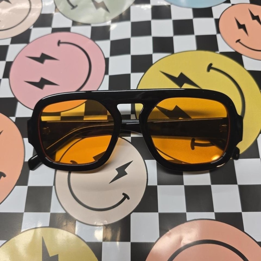 NEW Oversized Black Square Sunglasses Orange Tinted Lenses Retro Aviator Style